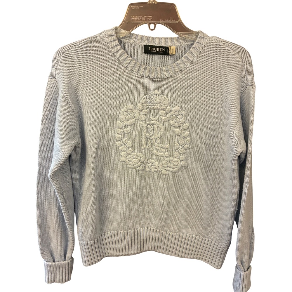 Lauren Ralph Lauren Sweater Womens Medium Blue Excellent Crest Knit Crew Neck